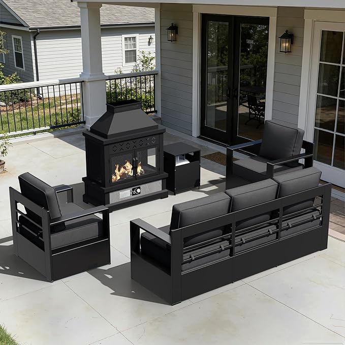 Outdoor Aluminum Furniture Set, 4-Piece Patio Conversation Set, 2 Chairs, 1 Sofa and 1 Fireplace, All-Weather Metal Frame, 6" Thick Removable Cushions, Deep Setting for Garden, Poolside and Porch