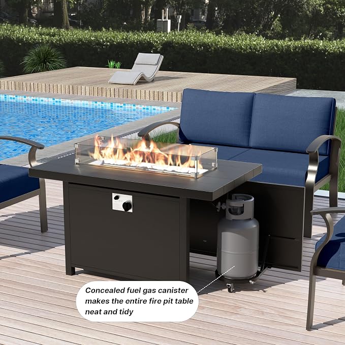 Gotland Aluminum Patio Furniture Set with Fire Pit Table, Metal Patio Furniture with 2 Swivel Rocking Chairs Waterproof 5.1'' Seat Cushions, Oversized Outdoor Sectional for Garden Balcony Porch Navy