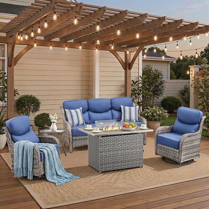Luxury High Back Patio Furniture Set with 6-Inch Thick Cushions, 5-Pieces Outdoor Furniture with Swivel Chairs Fire Pit, Wicker Conversation Set for Porch, Balcony, Deck and Yard, Grey/Blue