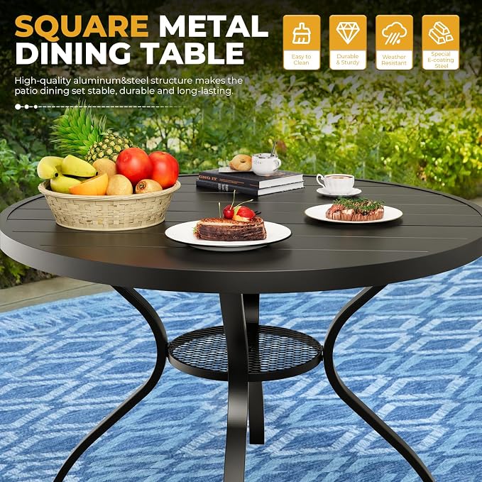 Incbruce 6 PCS Patio Dining Set with Sky Blue Umbrella, Outdoor Dining Set of 4 Textilene Chairs and 41" Round Table with Umbrella Hole for Backyard, Garden, and Poolside (Black)