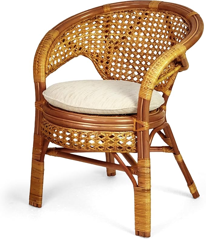 3 Pcs Pelangi Rattan Wicker Dining Set Round Table Glass Top and 2 Arm Chairs with Cream Cushion, Colonial Color
