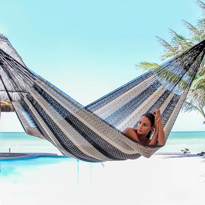 NOVICA Beige Gray White Striped Cotton Hand Woven Mayan Rope 2 Person XL Hammock with Hanging Accessories, 'Midnight Riviera' (Double)