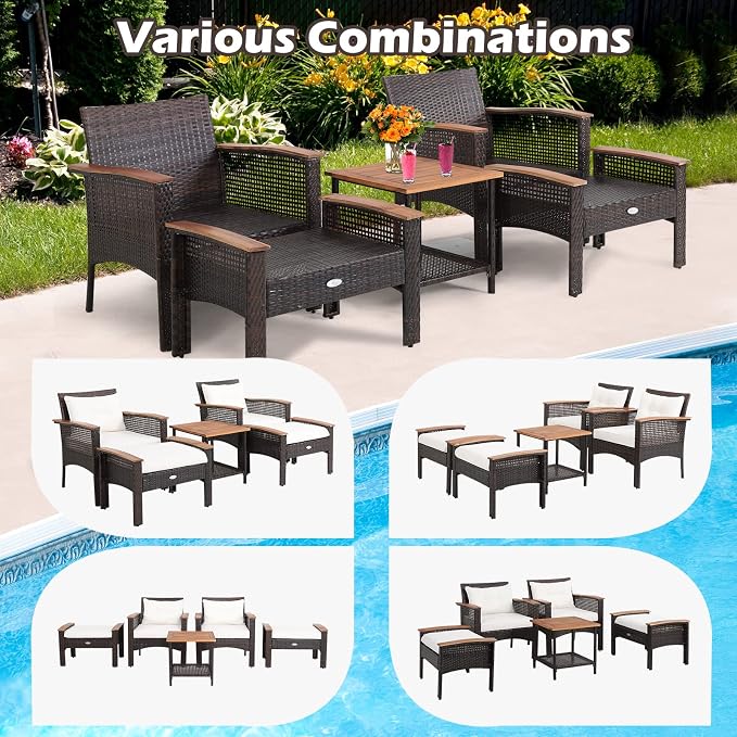 Tangkula 5 Pieces Wicker Patio Furniture Set, Patiojoy Outdoor Acacia Wood Cushioned Conversations Set with Ottomans and Storage Table, for Porch, Garden,Deck and Poolside (Off White)