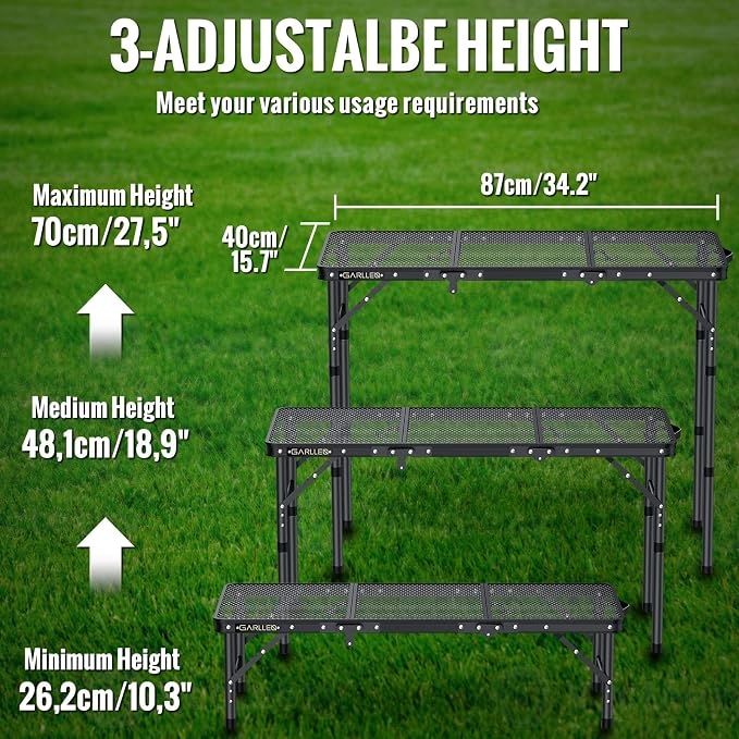 GARLLEN 3 Adjustable Height Folding Grill Table and Camping Table,Lightweight Folded Picnic Table for Camping, BBQ, Outdoor