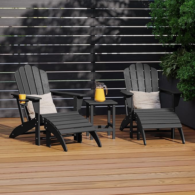 Costaelm Lakeview 5-Piece Adirondack Chair with Folding Ottoman and Table Set, Black