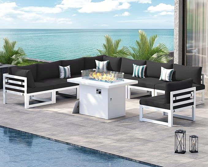 NICESOUL 8 People Large Luxury Aluminum Patio Conversation Set with Fire Pit Table Propane/Gas, 29" Deep Wide U Shaped Sectional Couch, 500 lbs Heavy Duty All Weather Outdoor Sofa for Backyard, Black