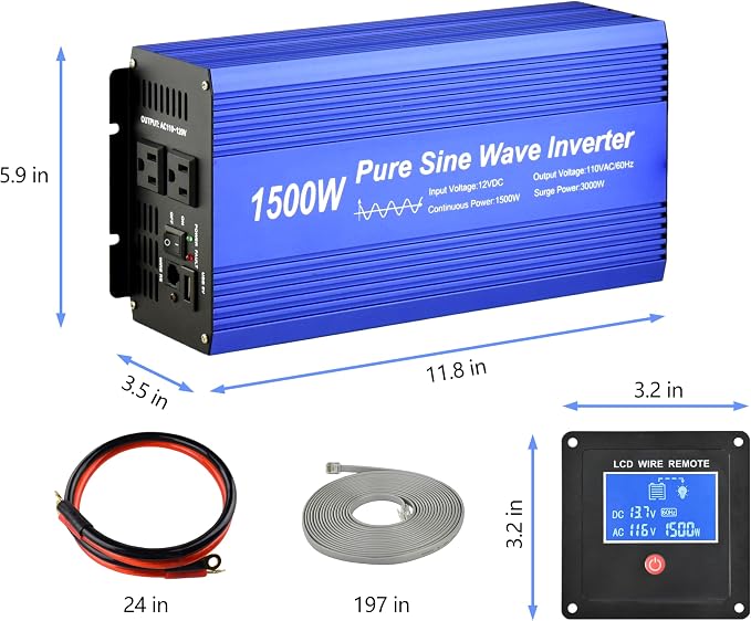 Pure Sine Wave Power Inverter DC12V to AC 110V with Dual sockets and USB, LCD Remote kit. (1500W)