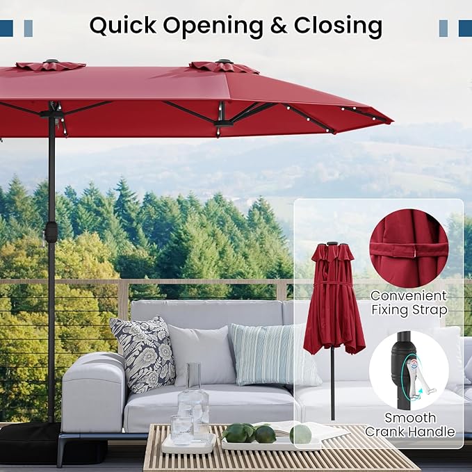 Tangkula 13FT Double-Sided Solar Patio Umbrella, Extra-Large Outdoor Twin Umbrella with 36 LED Lights, Vented Top, Crank Handle, 12 Ribs, Weighted Base Included for Backyard Poolside Deck (Wine)