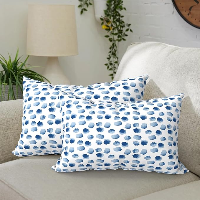 DYTXIII Pack of 2 Outdoor Waterproof Lumbar Pillow Covers ONLY, 12x20 Rectangle Decorative Double Printed Pillow Cases for Patio Couch Porch Furniture - Brush Blue