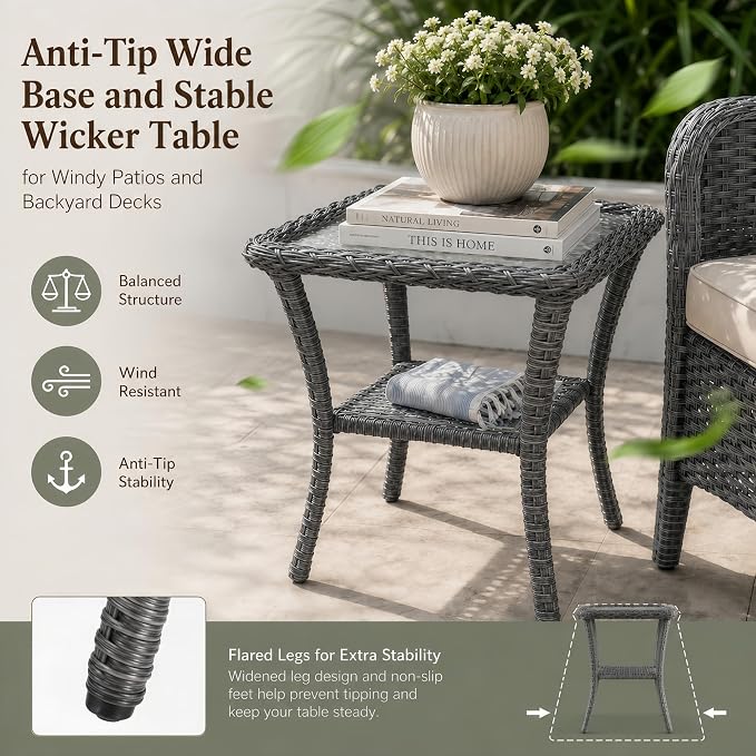 HUMMUH 20-Inch Wicker Patio Side Table with Tempered Glass Top, Grey | Powder-coated aluminum frame, PE rattan, lower storage shelf, 66 lbs capacity, 20x20x22 inches, hardware included