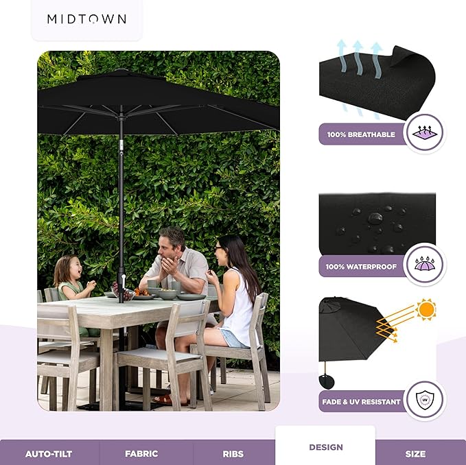 Midtown Umbrellas – The Swilt 10 Ft Patio Umbrellas with 360° Swivel & Tilt Mechanism, 8 Fiberglass Ribs & Terylast Polyester Fabric for Backyard, Deck, Pool & Cafes - Ebony Canopy, Black Pole