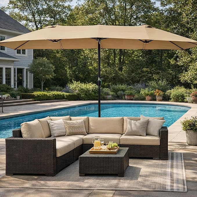 Kozyard 15 FT Double-Sided Rectangular Patio Umbrella, Base Included, Crank Lift Outdoor Patio Umbrella with UV Protection for Backyard, Pool & Garden Beige