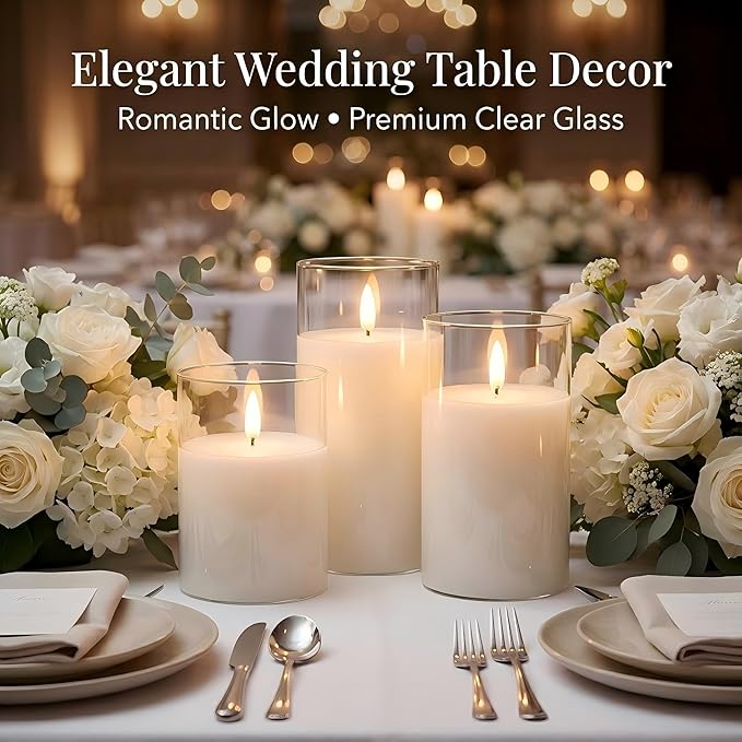 ANGELLOONG Glass Flameless Candles with Remote, White Battery Operated Candles with Timer, Electric Fake LED Candles for Bedroom Farmhouse Bathroom Coffee Table Decor, Clear