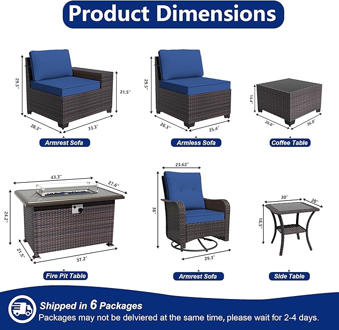10 Pieces Patio Furniture Set with 2 Swivel Chairs Patio Furniture Outdoor Sectional Sofas with 55000 Gas Fire Pit Patio Conversation Set w/7 Cushions-Blue