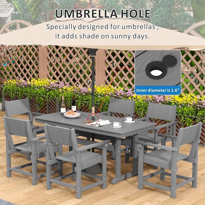 7-Piece HDPE Outdoor Patio Dining Set,Outdoor Table and Chairs,Modern Plastic Dining Sets with Umbrella Hole Cut-Out Table and 6 Chairs Gray