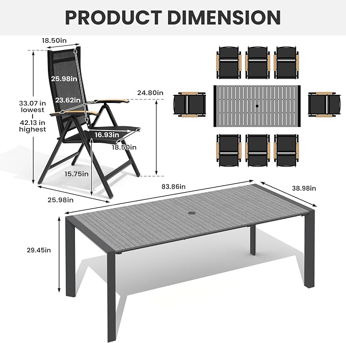 9-Piece Patio Dining Set, 83" Aluminum Outdoor Table with 8 Chairs | Adjustable Reclining Back& Wood Grain Tabletop with Umbrella Hole for Garden Backyard Deck, Grey