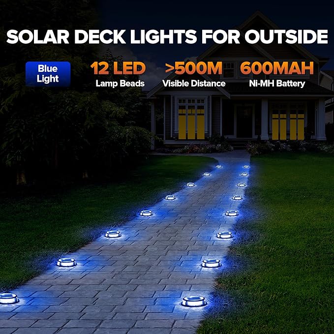 LUTEC 2 Pack Solar Deck Lights Driveway Dock 12 LEDs Light Solar Powered Outdoor Waterproof Road Markers for Step Sidewalk Stair Garden Ground Pathway Yard (Blue)