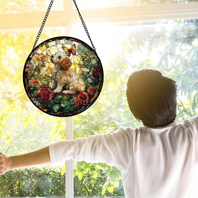 DASTOLL Stained Glass Window Hanging, Cute Dog and Flowers Suncatcher for Doors Home Butterfly Sun Catchers Decoration and Christmas, Mother's Day Birthday Gifts for Women, Men, and Mom 9.8 in