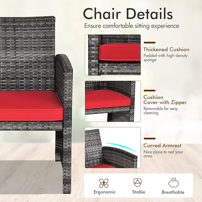 Giantex 4 Pc Patio Conversation Set, Rattan Loveseat & Patio Chairs with Cushioned Seat, Wicker Coffee Table, Outdoor Furniture Set for Front Porch Poolside Garden Lawn