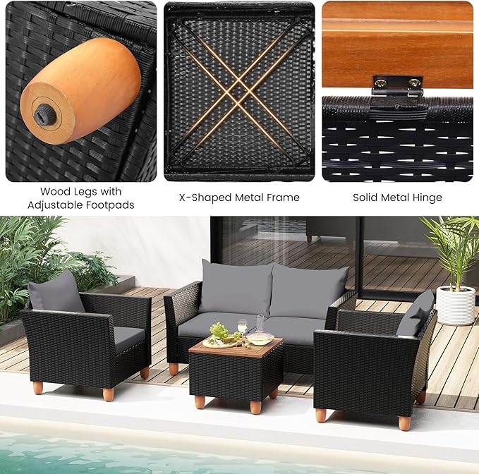 Tangkula 4 Piece Outdoor Conversation Set, Patio Cushioned Chairs w/Storage Coffee Table, Acacia Wood Tabletop & Chair Legs, Patio Wicker Furniture Set for Poolside, Lawn, Porch (1, Gray)