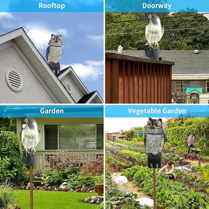 Hawk Decoy to Scare Birds Away - Owl & Hawk Garden Decoy Combo, 2X Protection Wind-Activated Bird Deterrent for Farms & Yards, 50% Larger Size (15")