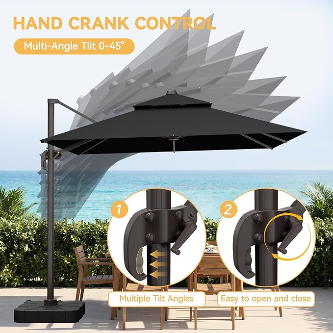 VEGOND 10x10 FT Patio Cantilever Umbrella with Base, Rectangular Heavy Duty Offset Umbrella for 6-8 People, 360°Rotation & Mult Tilt, Double Top Design, for Pool Garden Deck (Black)