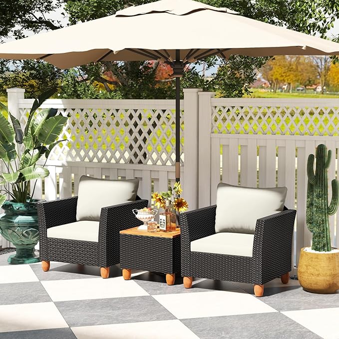 Tangkula 3 Pieces Patio Porch Furniture Set, PE Rattan Wicker Chair Conversation Set with Cushions and Storage Table, Outdoor Acacia Wood Bistro Set for Garden, Poolside (White)