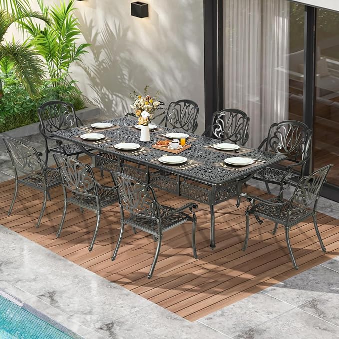 MEETWARM 9-Piece Outdoor Patio Dining Set for 8, All Weather Cast Aluminum Patio Funiture Set- 94.5” Rectangular Table with 2" Umbrella Hole and 8 Chairs, Patio Table and Chairs Set, Dark Bronze