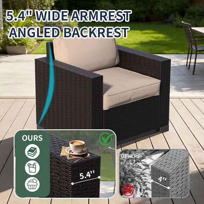 7 Piece Patio Furniture Set, Slanted Back Outdoor Sectional Sofa, Patio Conversation Sets with Cushion and Glass Table, Patio Sofa Furniture for Garden, Deck, Dark Brown Rattan & Khaki Cushions