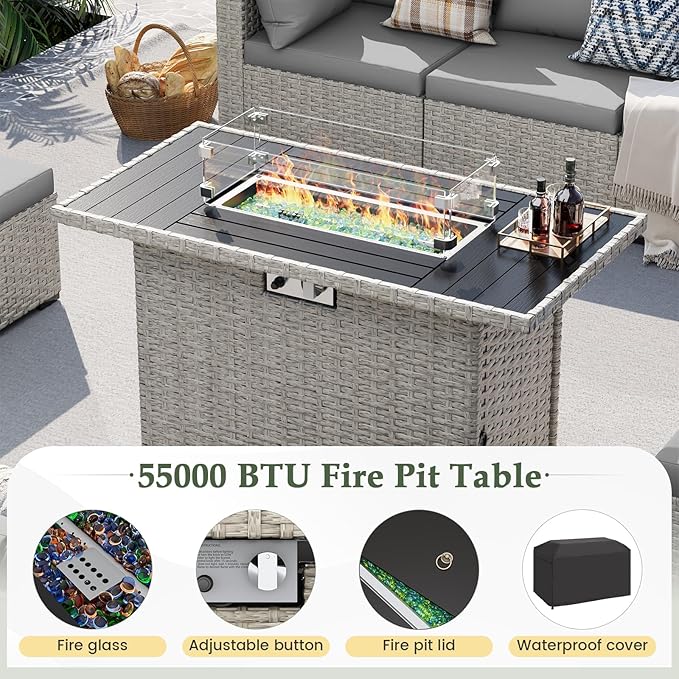 UDPATIO Patio Furniture Set with Fire Pit Table, 8 Pieces Outdoor Sectional Sofa, PE Wicker Patio Conversation Set for Garden, Backyard Grey