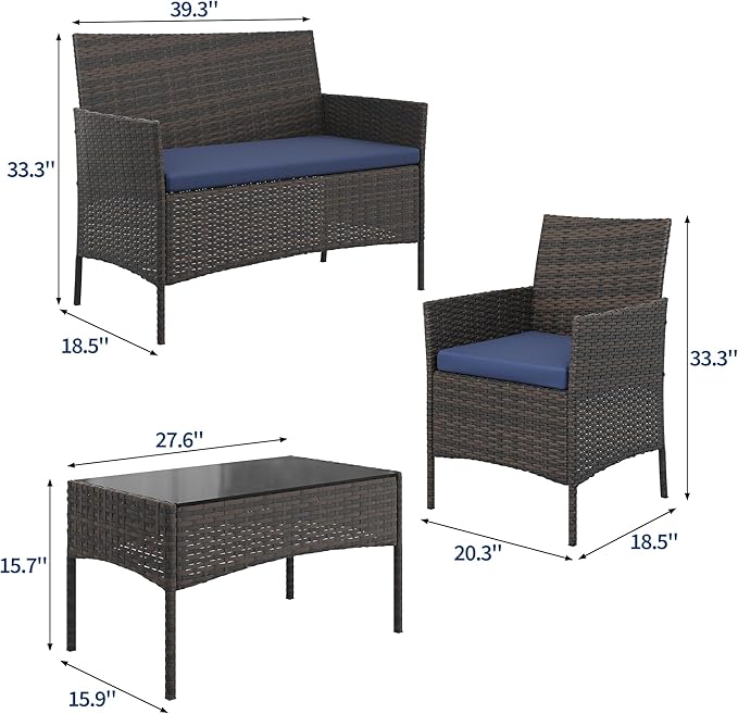 4-Piece Outdoor Furniture Set, PE Rattan Wicker Chairs with Soft Cushions & Tempered Glass Coffee Table - All-Weather Patio Set for Garden, Backyard, Porch, Poolside (Brown/Navy Blue)