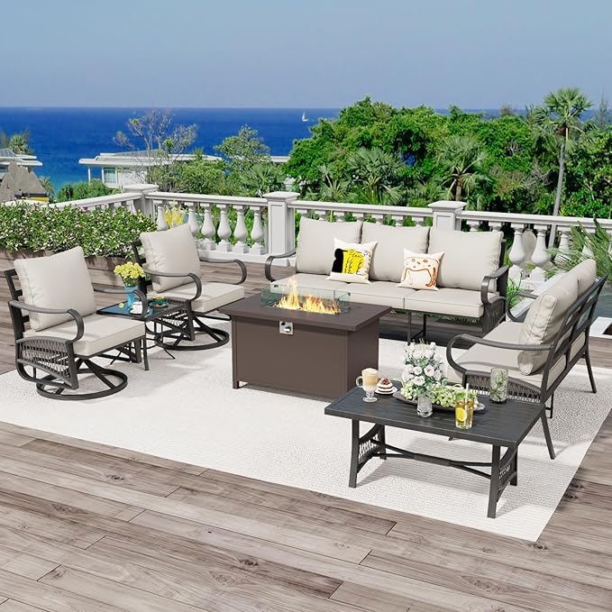 7 Piece Patio Furniture Set, All Weather Metal Outdoor Conversation Set with 50000 BTU Propane Fire Pit Table, 3 Seat Sofa, 2 Swivel Chairs and 5" Cushions for Garden, Porch, Lawn, Beige