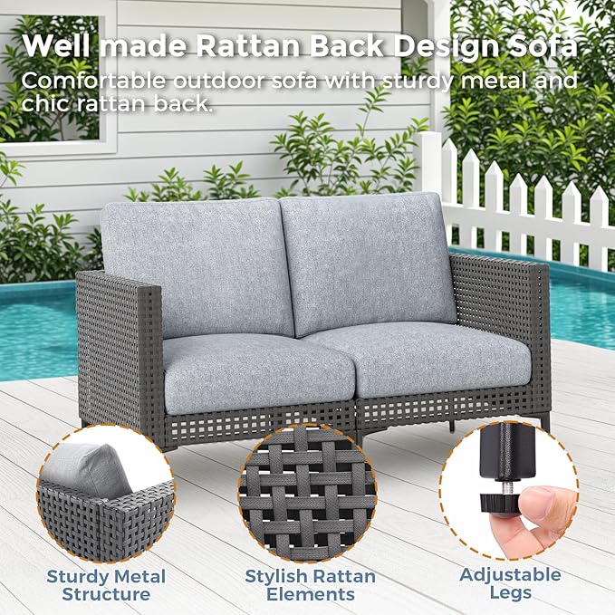 Outdoor Patio Sofa Conversation Set–Rattan 4 Seats Comfortable Couch for Garden, Yard, Weatherproof–Includes Glass Table, Armless Chairs, and Two-Seater Sofa