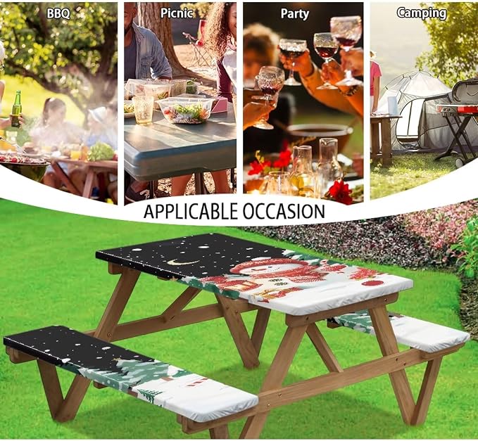 Snowman Picnic Table Cover with Bench Covers Elastic Edges, Rectangle Fitted Christmas Table Cover, Outdoor Patio Camping Essentials 72 Inch 3PCS, Waterproof Camping Fitted Tablecloth