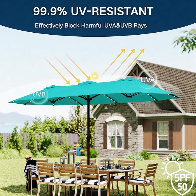 15ft Large Patio Umbrella with Solar Lights and Base, Double-Sided Outdoor Rectangle Umbrella with 48 LED Lights, Market Table Umbrellas with UV Resistant Canopy