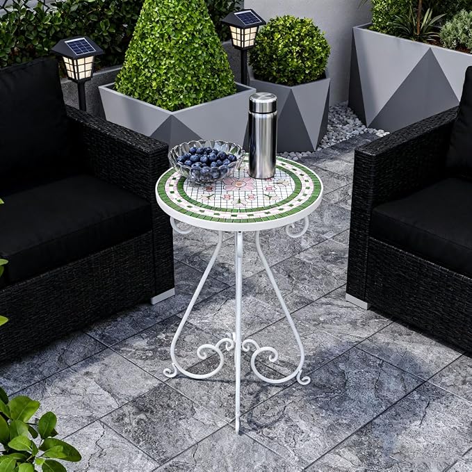 Vintage Outdoor Side Table Round Mosaic Ceramic Tile Top 14" Diameter Metal Plant Stand for Flower Pots Vase Garden Home Porch Pool Indoor Decor Weather Resistant Outside Patio Accent End Furniture