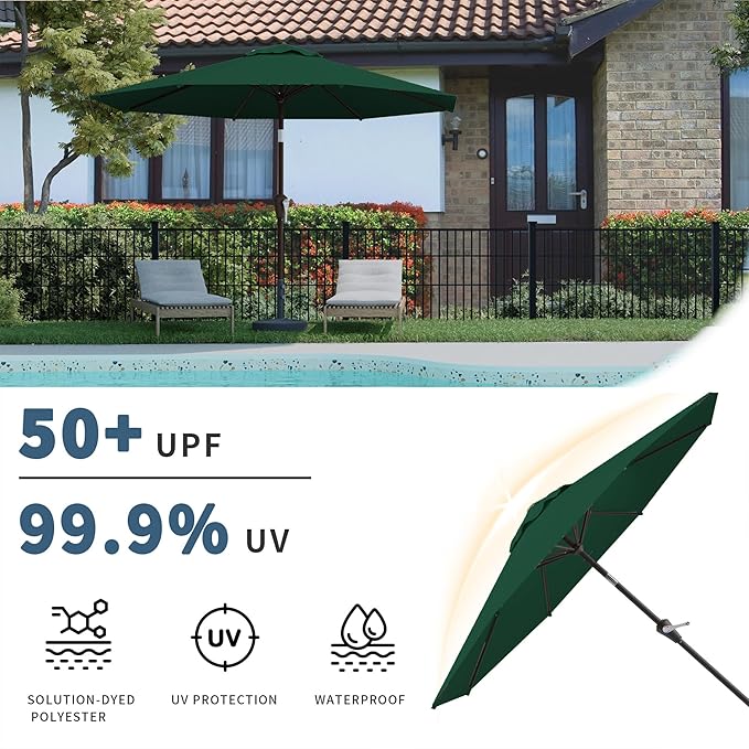 10FT Patio Umbrella, Outdoor Umbrella with Push Button Tilt and Crank, 8 Sturdy Ribs, UV Protection & Waterproof Market Umbrella for Pool, Backyard, Beach,Deck (Dark Green)