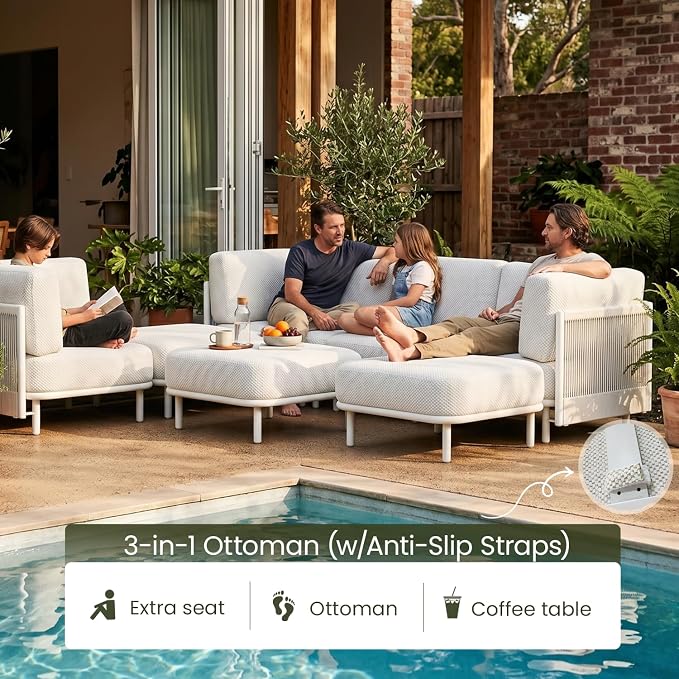 LayinSun 2 Pieces Patio Furniture Set, Modern Outdoor Modular Sectional Conversation Set L-Shaped Sofa with 7-inch Cushion for Garden Backyard Deck