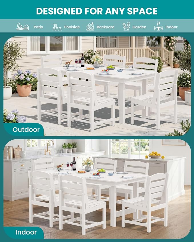 SERWALL Patio Dining Sets for 10 Person, HDPE Dining Set with 2 Tables, 8 Armless Chairs and 2 Armed Dining Chairs, White