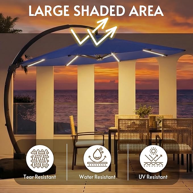 11FT Solar Powered LED Light Cantilever Patio Umbrella with Base Included, Large Cantilever Umbrella with 360°Rotation, Heavy-Duty Offset Outdoor Umbrella for Patio,Pool,Backyard (Navy blue)