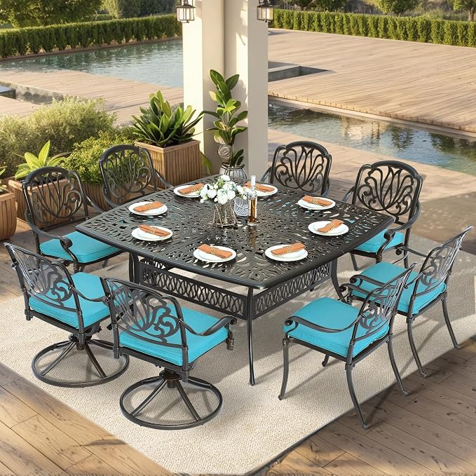 VIVIJASON 9-Piece Outdoor Furniture Dining Set, Cast Aluminum Patio Table and Chairs Set with 6 Stationary Chairs, 2 Swivel Rocker Chairs, 64" Large Square Dining Table, Umbrella Hole, Ocean Blue