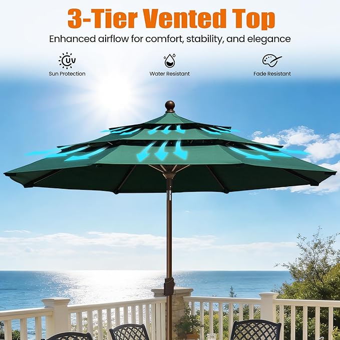 EliteShade USA 10-Year-Non-Fading 10ft 3-Tier Market Patio Umbrella, Commercial Grade Outdoor Table Umbrella with Crank Open, Windproof & UPF 50+ UV Protection, Heavy Duty Ventilation for Garden, Deck, Pool, Backyard, Beach & Bistro, Forest Green