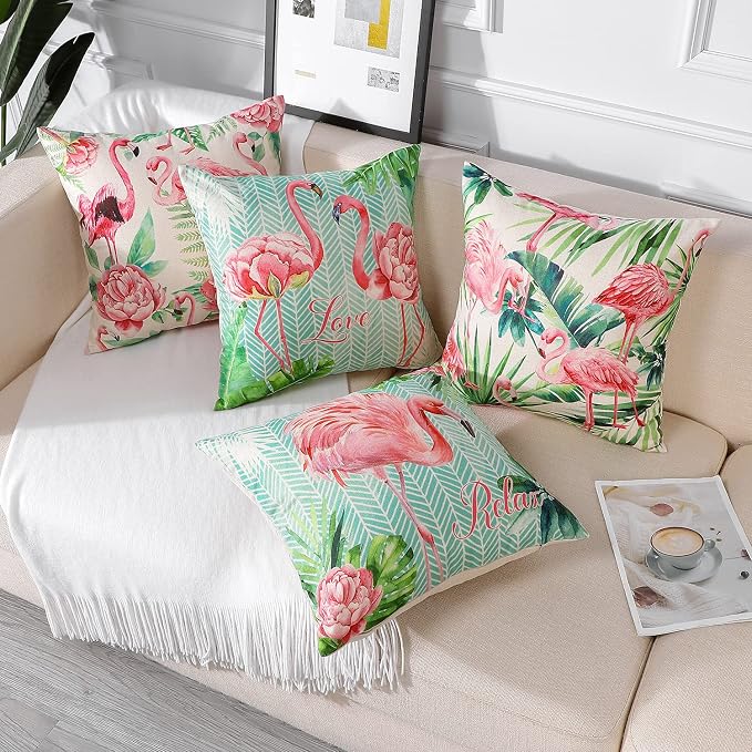 Artscope Set of 4 Waterproof Throw Pillow Covers 18x18 Inches, Flamingo and Pink Flowers Pattern Decorative Cushion Covers, Perfect to Outdoor Patio Garden Living Room Sofa Farmhouse Decor