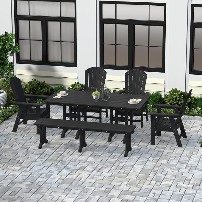 WestinTrends Dylan Adirondack Patio Dining Set for 6, All Weather Poly Lumber Outdoor Table and Chairs Set of 4, 71" Trestle Table and Adirondack Dining Chair with Dining Bench, Black
