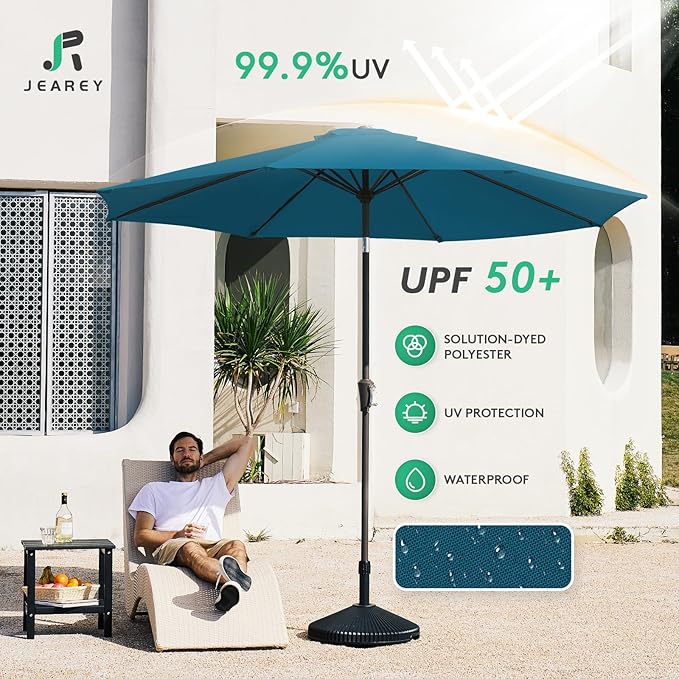 JEAREY 10FT Outdoor Patio Umbrella Outdoor Table Umbrella with Push Button Tilt and Crank, Market Umbrella 8 Sturdy Ribs UV Protection Waterproof for Pool, Garden (Lake Blue)