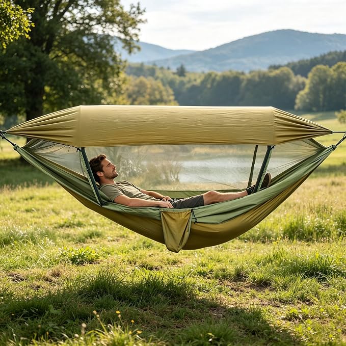 Quick Setup Hammock Including Netting and Canopy Perfect for Backyard or Holiday Sun Shelter Hammock