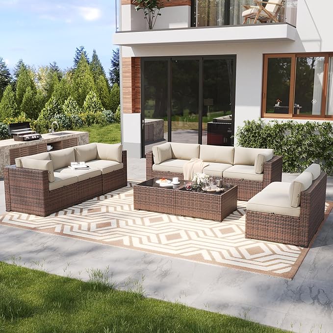 LazySunsets 10 Piece Outdoor Patio Furniture Set with Coffee Table, Outdoor Patio Furniture Sets with Waterproof Cover and Cushion, Wicker Rattan Outdoor Conversation Set for Backyard & Garden, Beige
