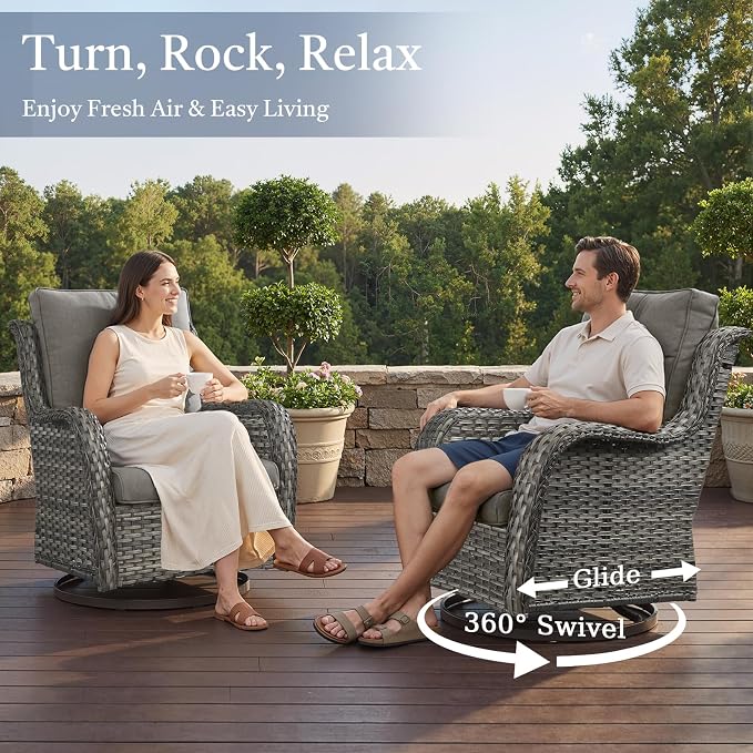 6 Piece High Back Patio Furniture Set - All Weather Patio Conversation Set with 4 Inch Thick Cushions and Deep Seating Swivel Glider Chairs & Outdoor Couch for Porch Deck Yard Pool