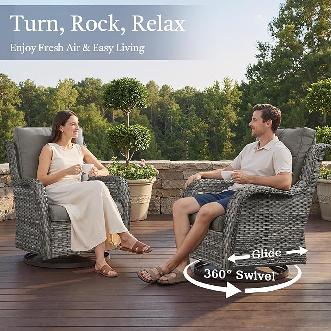 8 Piece High Back Wicker Patio Furniture Set - Patio Conversation Set with 4 Inch Thick Cushions and Deep Seating Swivel Glider Chairs Set of 4 & Outdoor Couch for Porch Deck Yard Pool