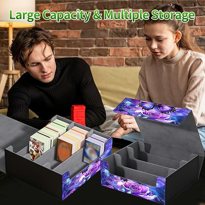 Card Deck Box for MTG, Cards Storage Box Fits 120+ Sleeved, Leather Big Size Strong Magnetic Closing Case for Board Games Magic TCG CCG Baseball Collection Women, Purple Butterfly Flower
